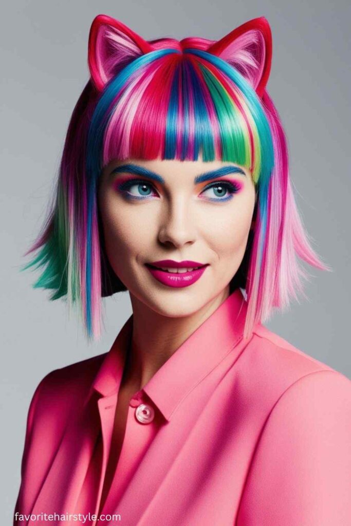 Vibrant Kitty Cut with Colored Bangs