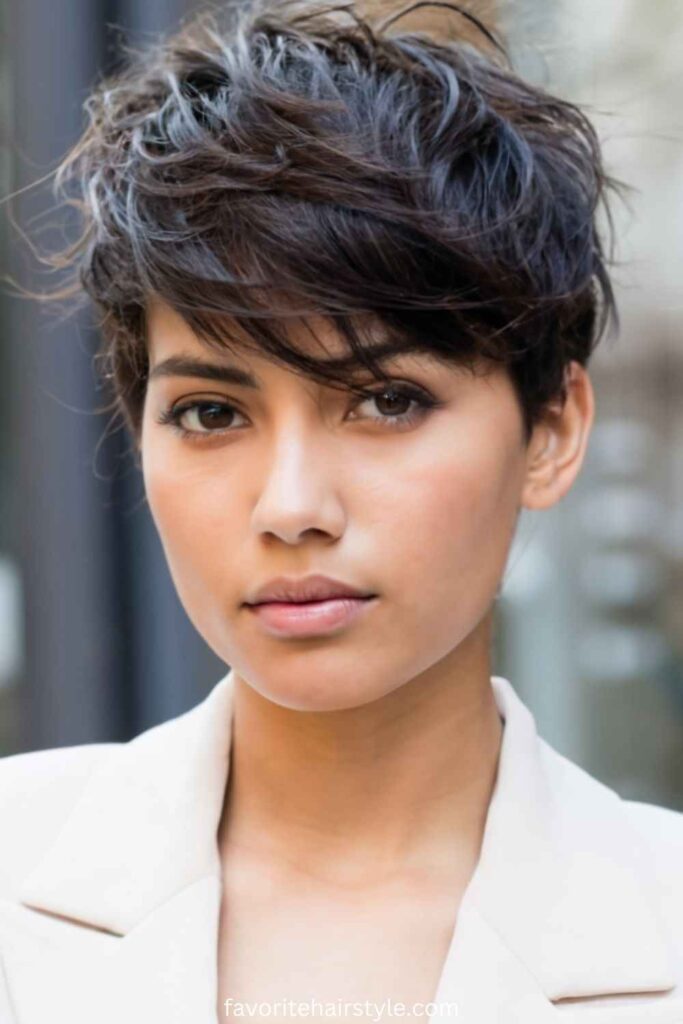 Classic Curly Pixie Cut with Side-Swept Bangs