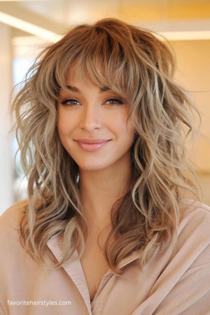 Curly Shaggy Lob with Curtain Bangs