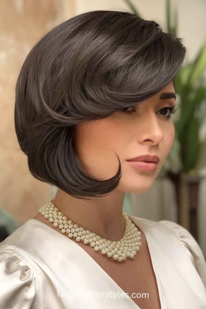  Old Money Bob Haircut With Bangs Side-Swept Bob with Soft Bangs