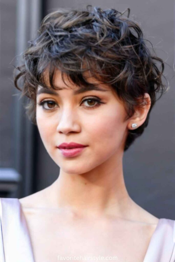 Soft Curly Pixie Cut with Full Bangs