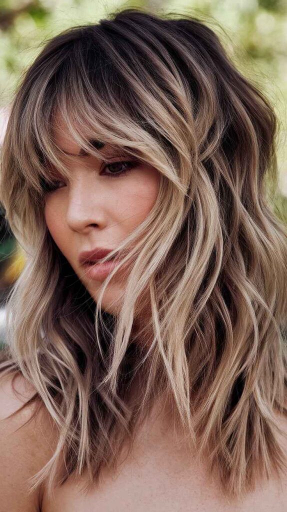 Effortlessly Tousled Shaggy Lob with Curtain Bangs