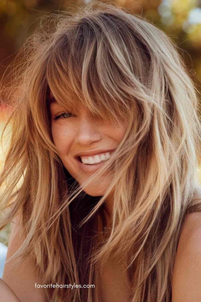 Tousled Shaggy Lob with Bangs and Highlights