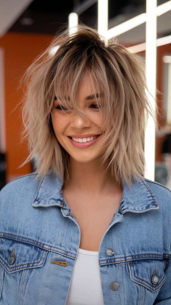 Tousled Shaggy Lob with Tapered Ends