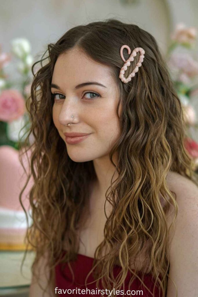 Loose Curls with a Heart-Shaped Clip