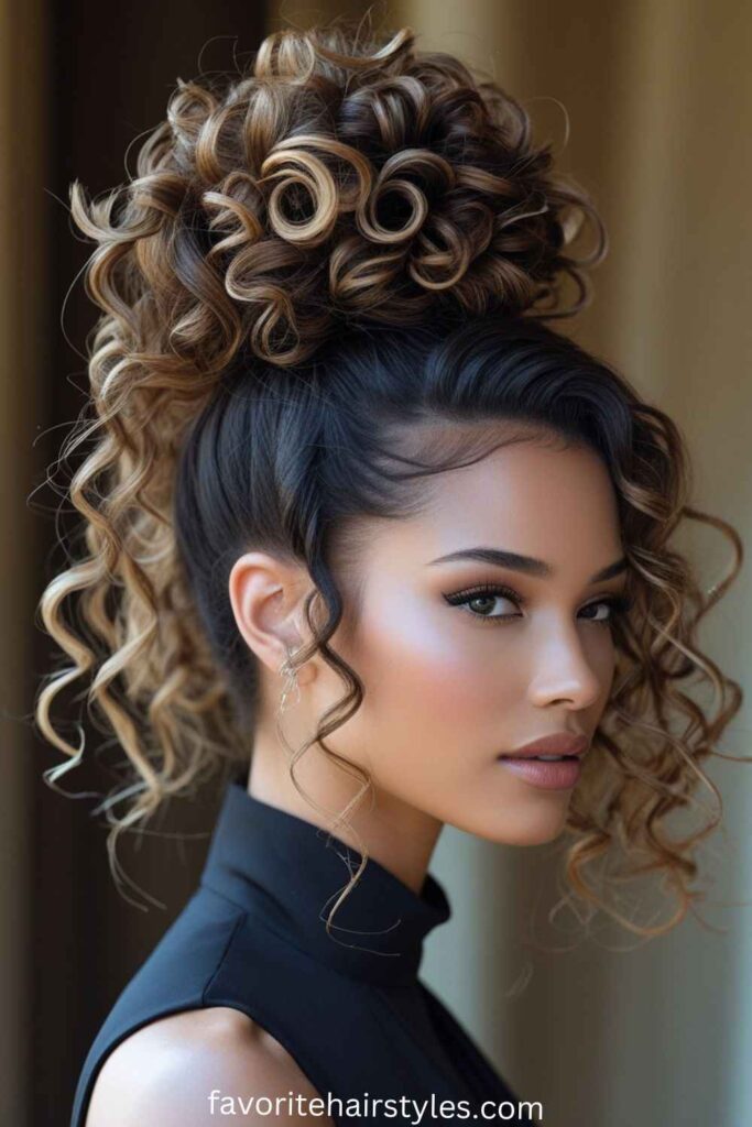 Curly High Bun with Loose Strands