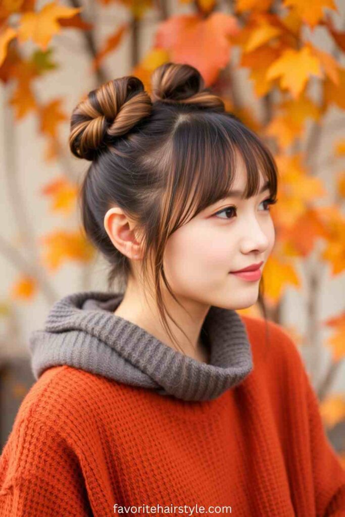 Double Buns with Straight Bangs