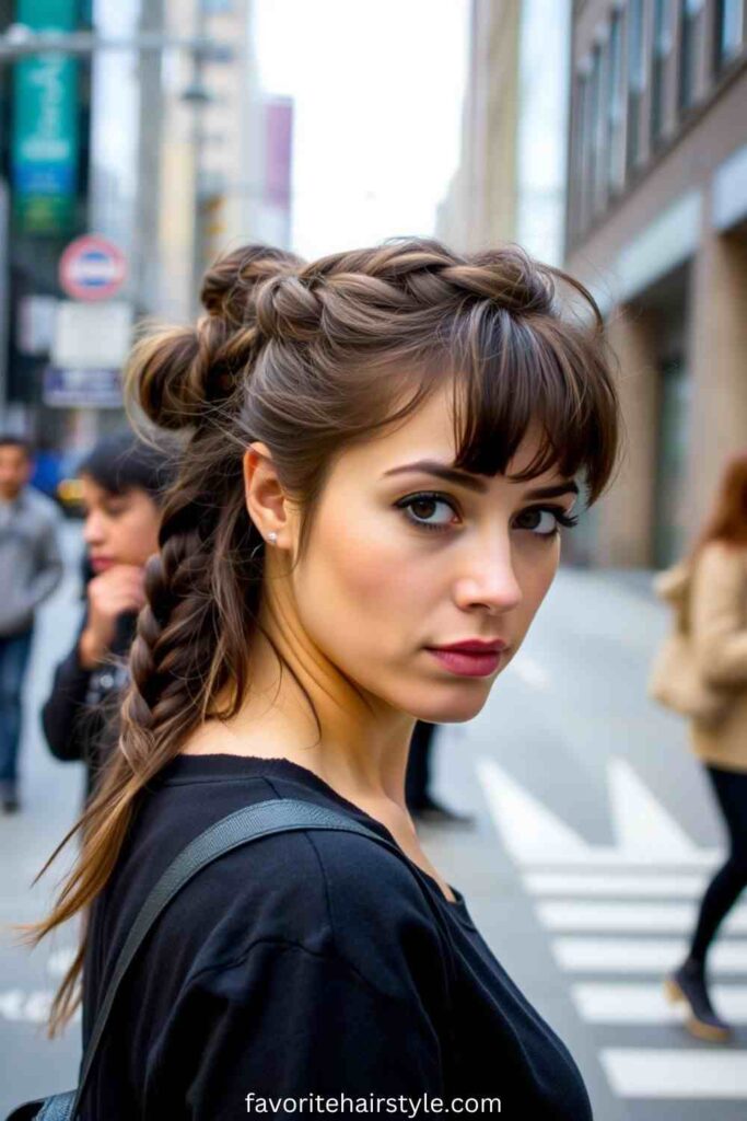 Half-Up Braided Bun with Wispy Bangs