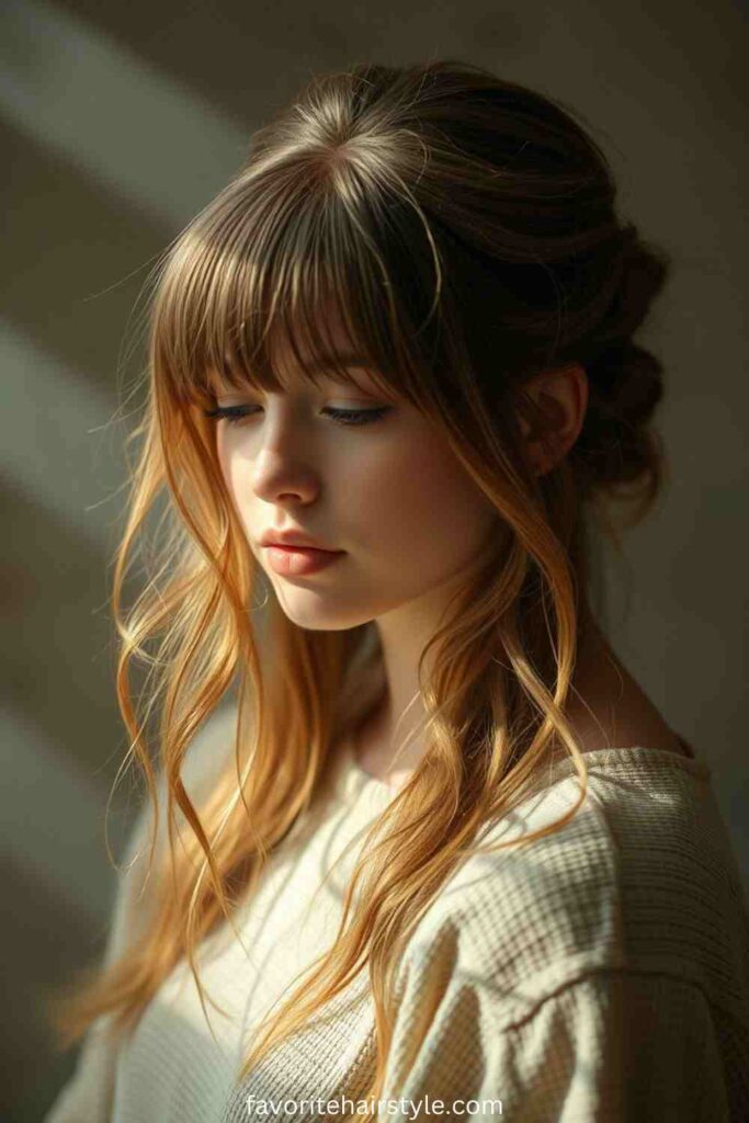 Haistyles for school With Bangs Ideas Half-Up, Half-Down with Curtain Bangs