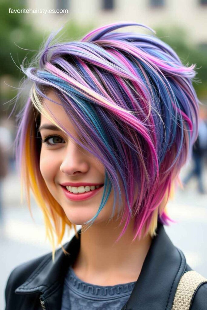 Rainbow Balayage Wolf Cut