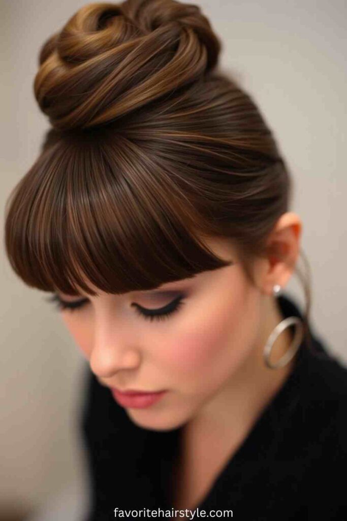 Short Hair Updos With Bangs Ideas Sleek High Bun with Blunt Bangs