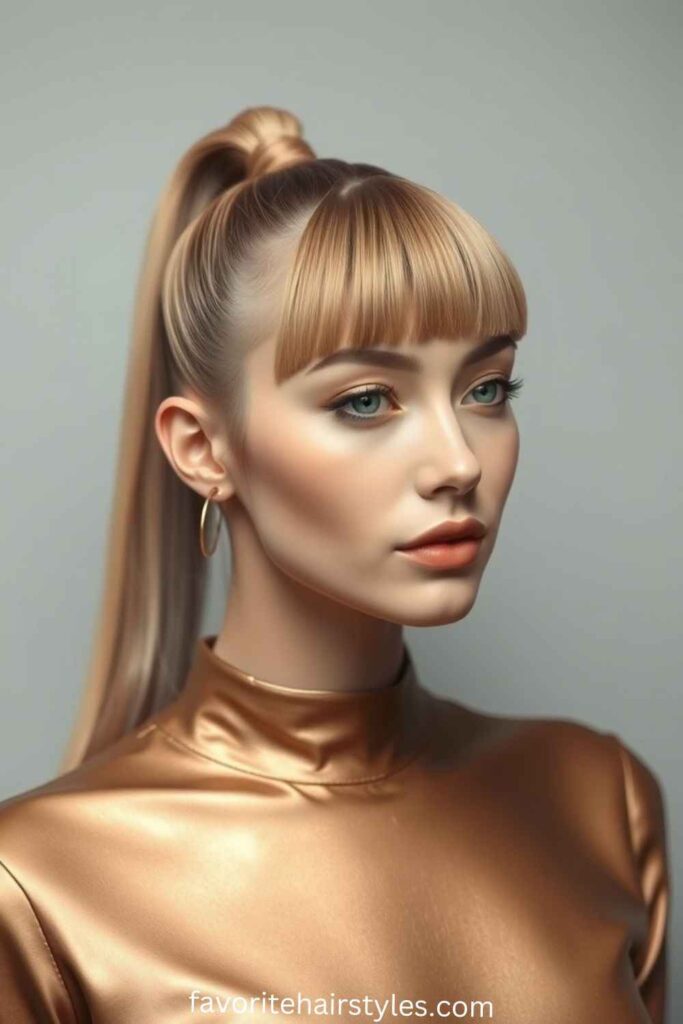 Sleek High Ponytail with Blunt Bangs