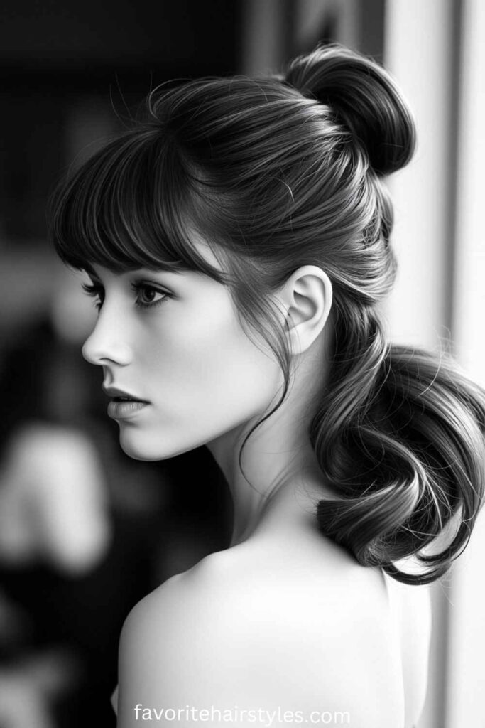 Ponytail And Clip-In Bang Hairstyles Ideas Textured Ponytail with Bardot Bangs