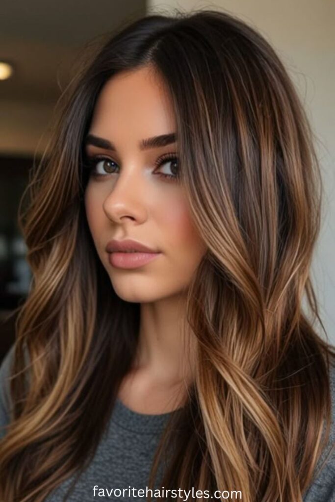 Caramel Balayage on Deep Brunette Hair