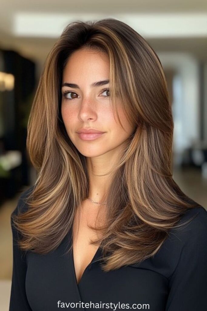Caramel Highlights with a Center Part for Soft Framing