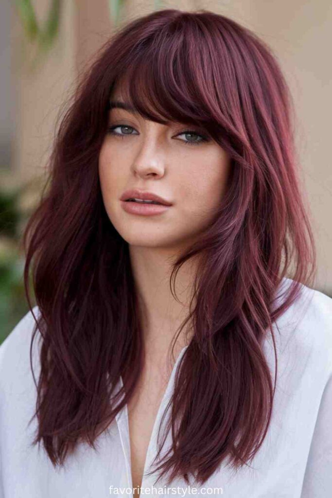 Half-Up Red Weave Bun with Straight Bangs