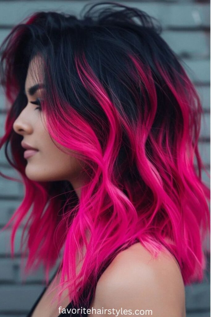 Hot Pink with Black Roots Wolf Cut