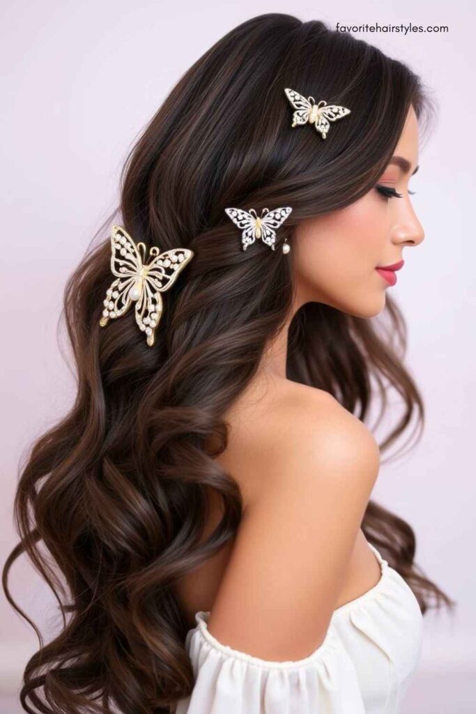 Romantic Waves with Pearl Butterfly Clips