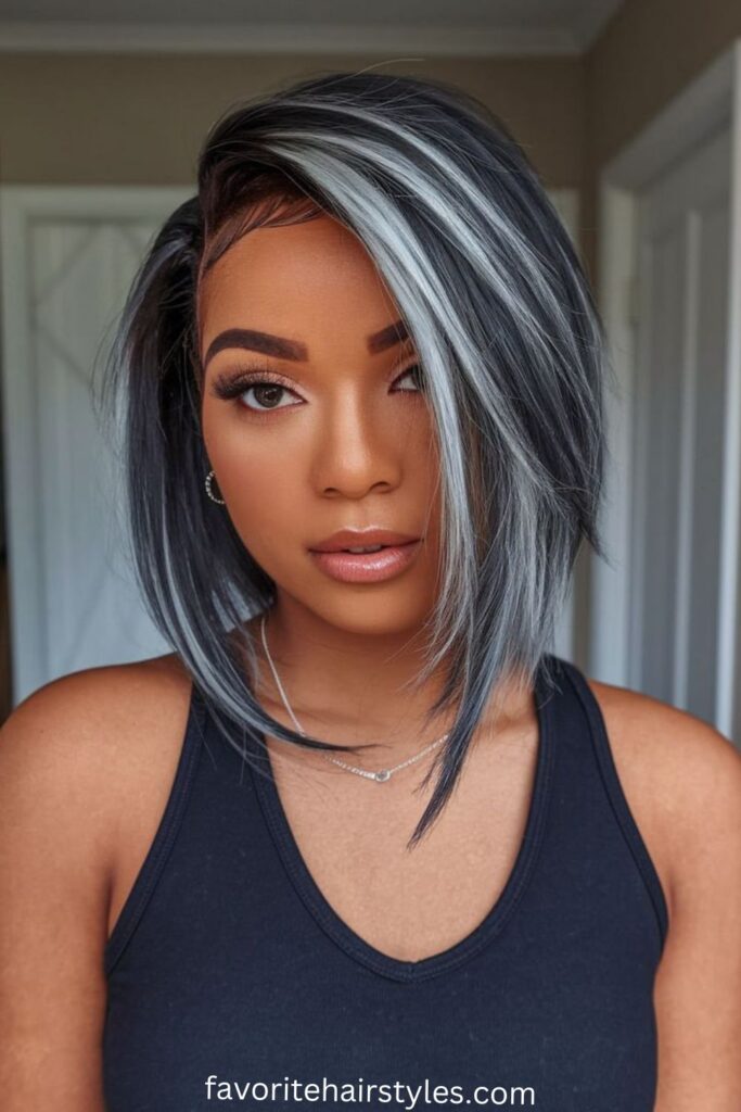 Angled Bob with Chunky Ash Blonde Streaks