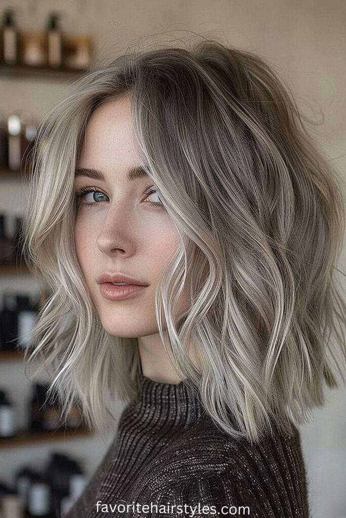 Ash Blonde Balayage on a Lob Cut