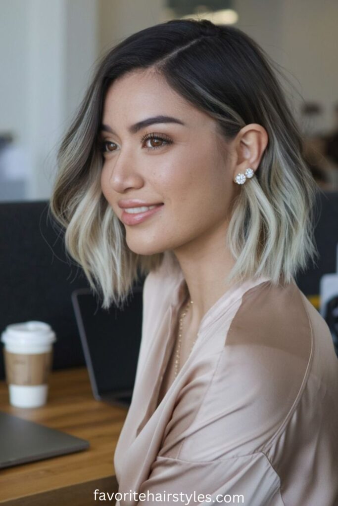 Ash Blonde Balayage with Shadow Roots on a Bob Cut