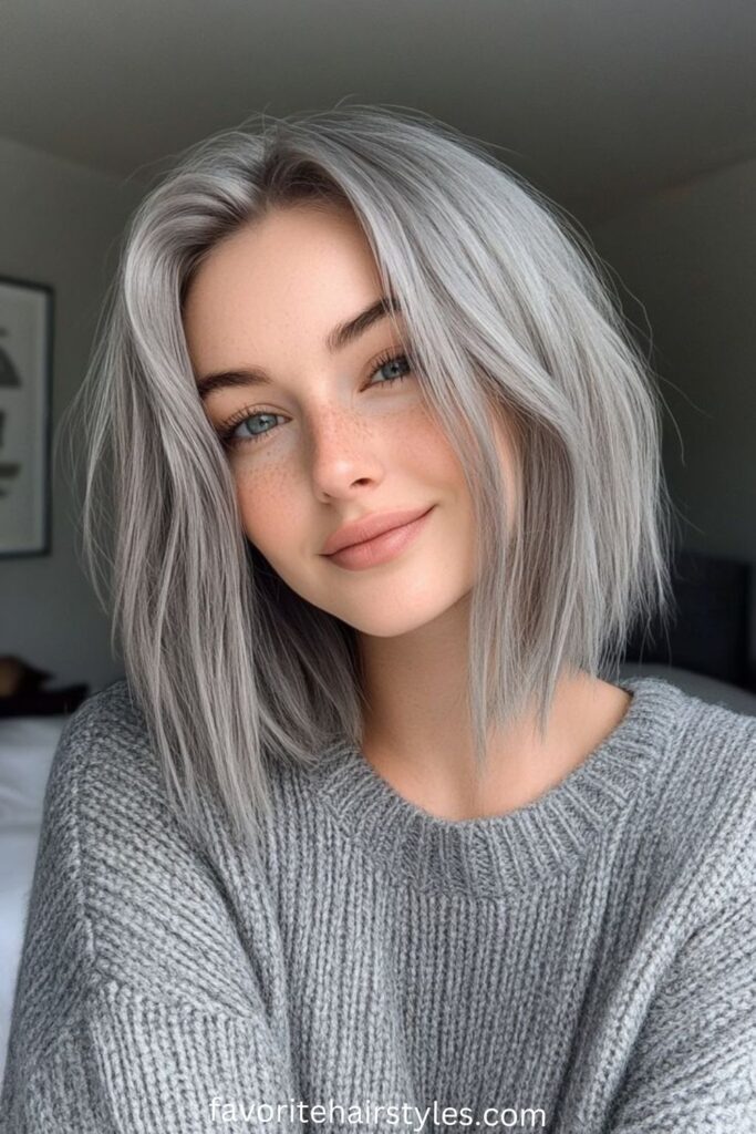 Ash Blonde with Silver Tones in a Layered Bob