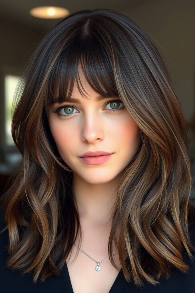 Ash Brown Balayage with Curtain Bangs