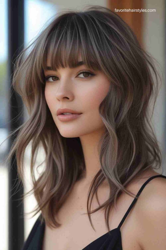 Ash Brown Balayage with Curtain Bangs
