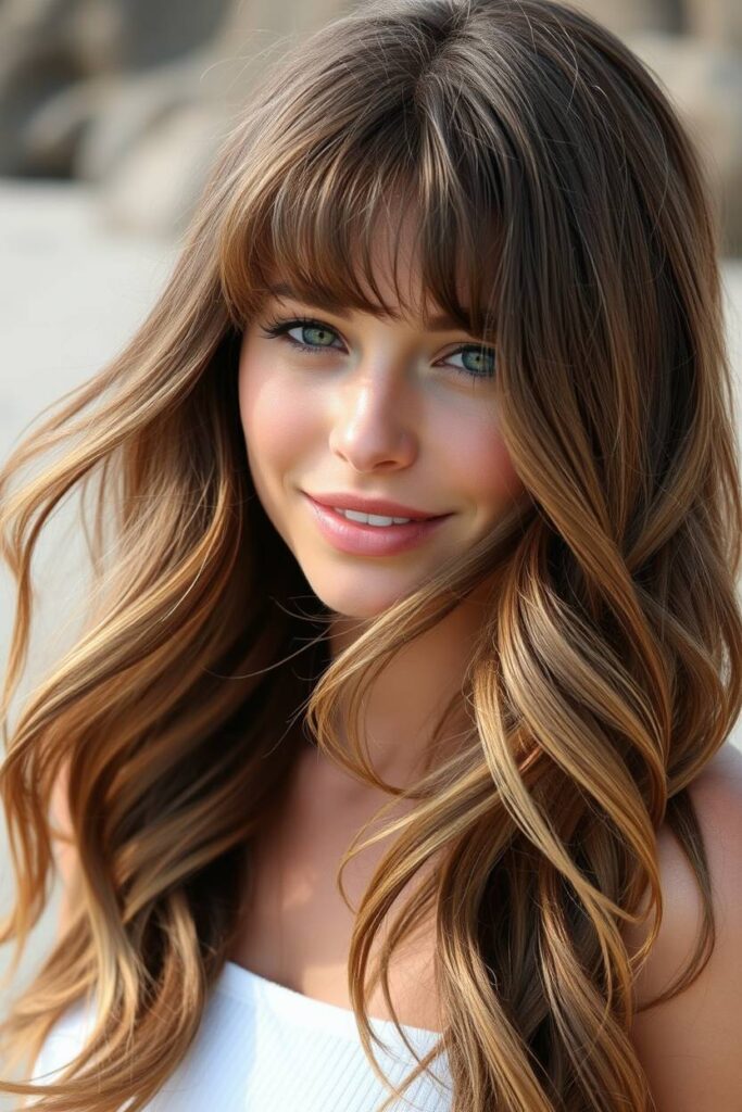 Ash Brown Balayage with Curtain Bangs and Beach Waves