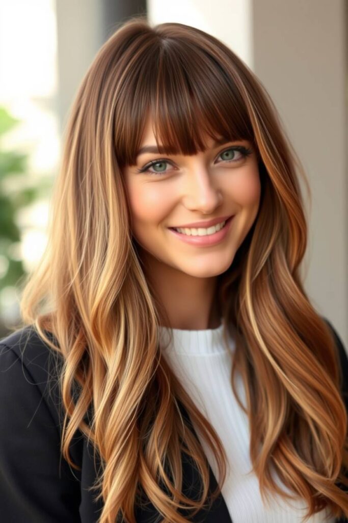 Ash Brown Balayage with Curtain Bangs and Layered Ends