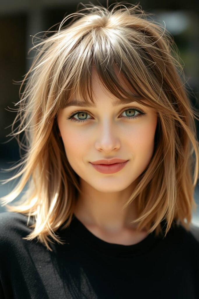 Ash Brown Balayage with Curtain Bangs for Fine Hair