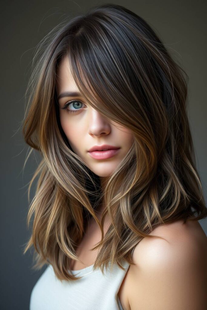 Ash Brown Balayage with Curtain Bangs on Medium-Length Hair