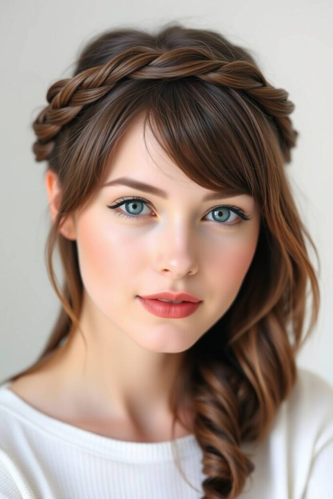 Ash Brown Hair with Braided Crown and Bangs