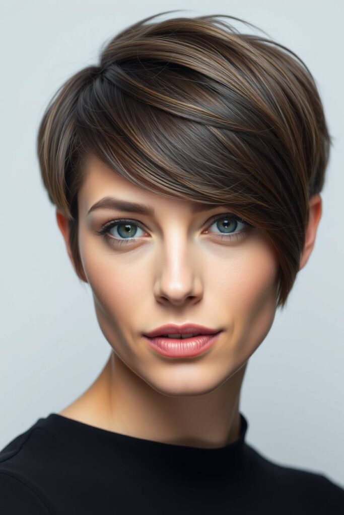 Ash Brown Pixie Cut with Side Bangs