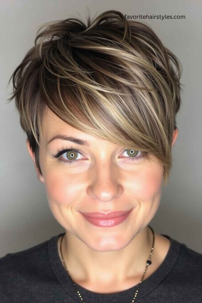 Ash Brown Pixie with Face-Framing Streaks