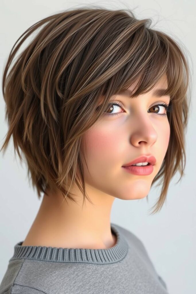 Ash Brown Shag Cut with Wispy Bangs