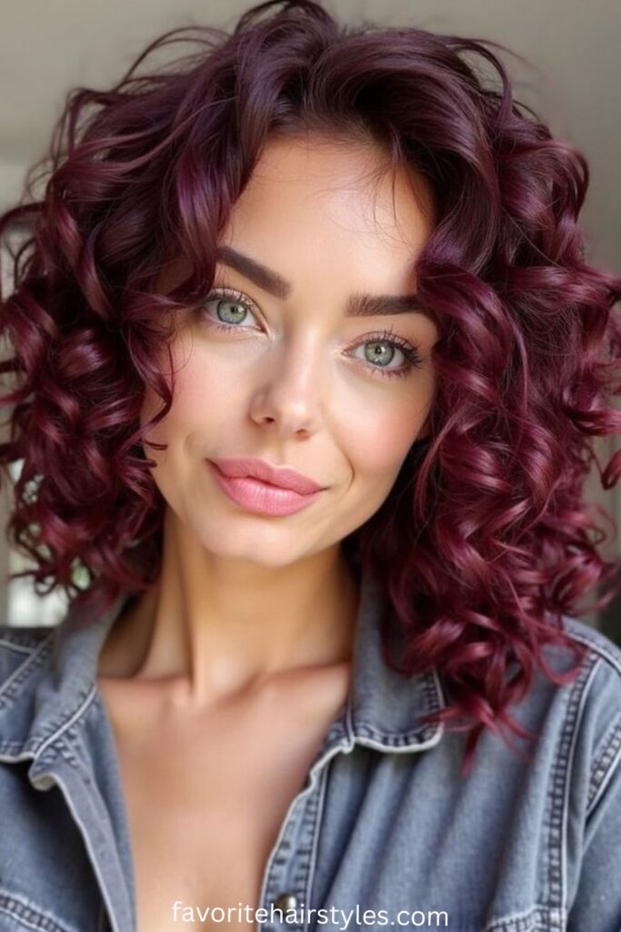Black Cherry Curly Bob with Layered Cuts