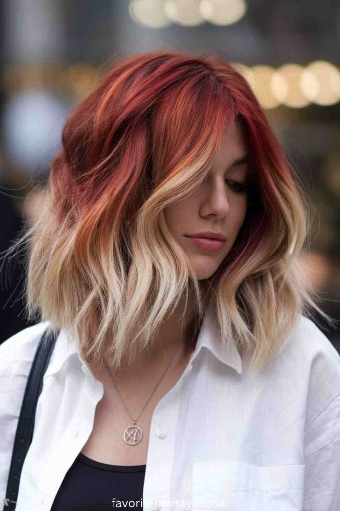 Blunt Bangs with Blonde and Red Color Blocking