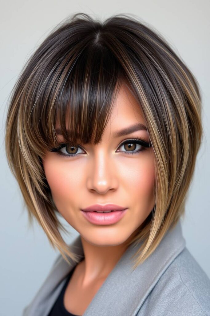 Bold Ash Brown Balayage with Thick Curtain Bangs