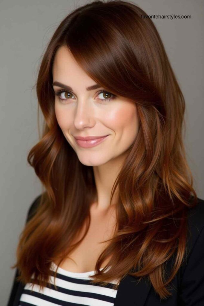 Caramel Brown Layers with Side-Swept Bangs