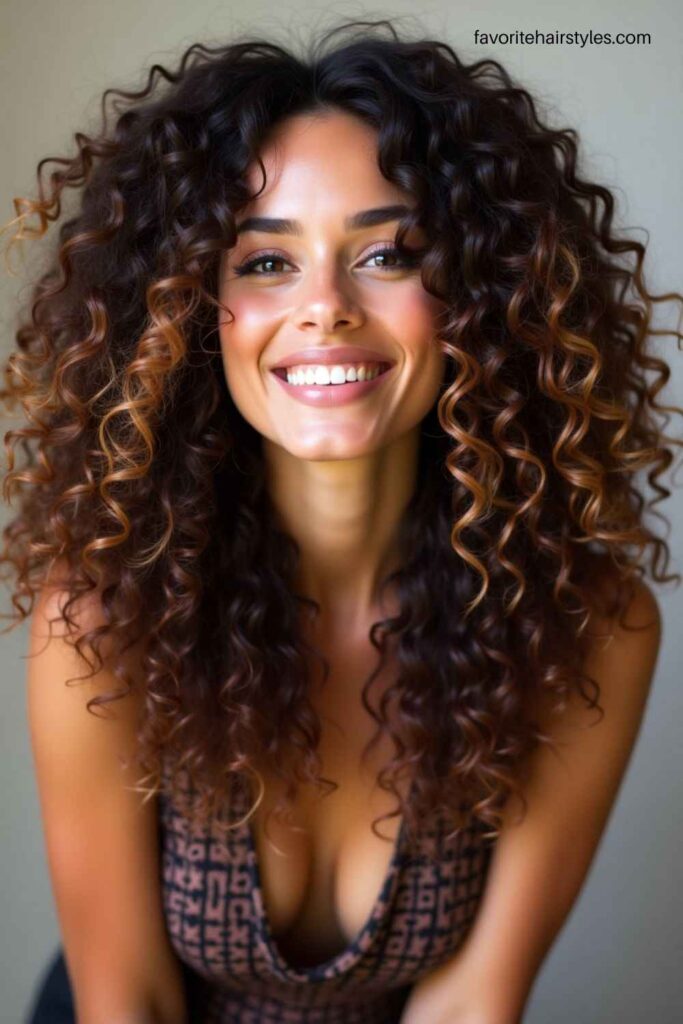 Caramel Highlights on Dark Brown Curls
