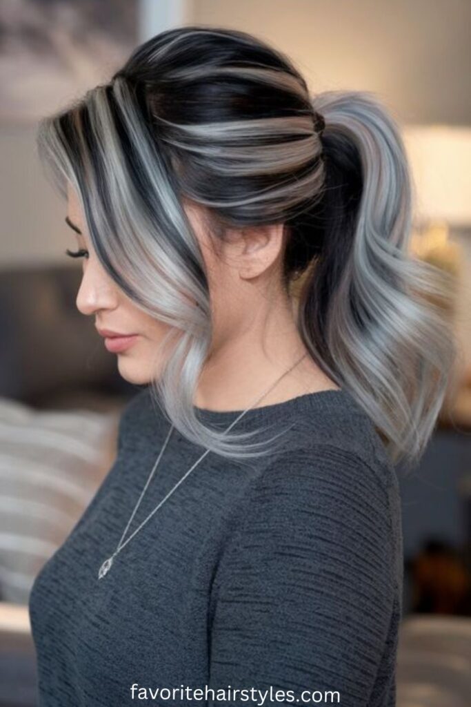 Cool-Toned Balayage with Face-Framing Grey Pieces