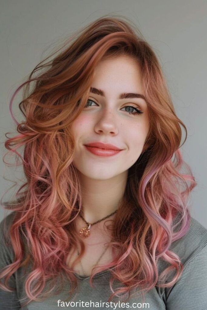 Pink Wolf Cut Long Hairstyle Ideas  Coral Pink Wolf Cut with Long Side Bangs