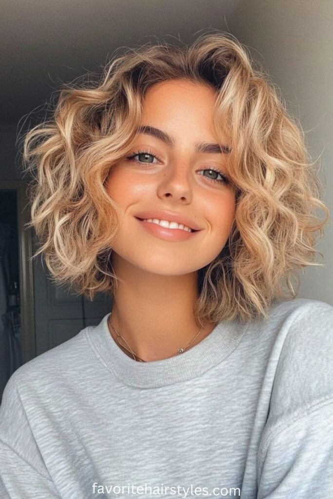 Curly Blonde Bob with Caramel Highlights