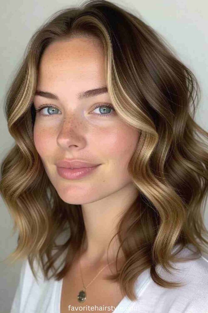 Curly Hair with Face-Framing Dirty Blonde Highlights