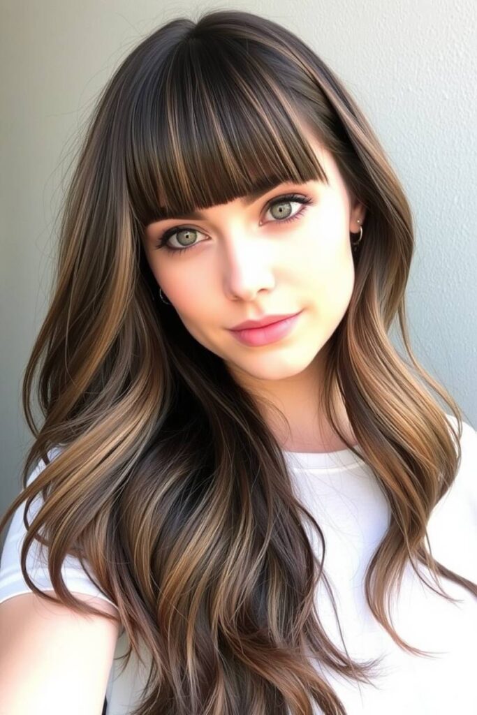 Dark Ash Brown Balayage with Blunt Curtain Bangs