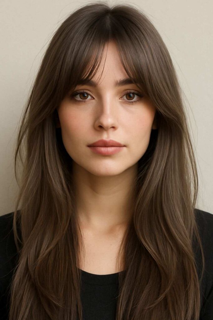 Long Ash Brown Hair with Curtain Bangs