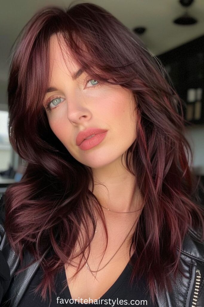 Long Dark Chocolate Cherry Hair with Curtain Bangs