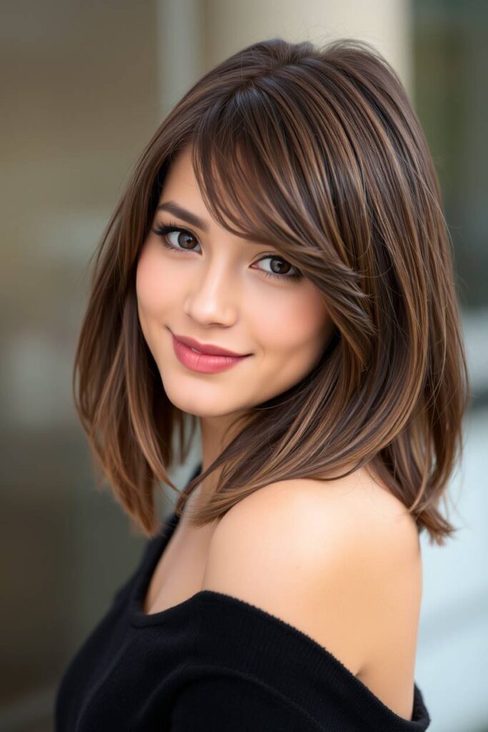 Medium Ash Brown Hair with Feathered Bangs