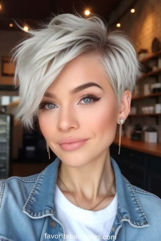 Short Hair Color Ideas For Brunettes Balayage Ash Blonde Root Razor Cut Pixie with Icy Ash Accents
